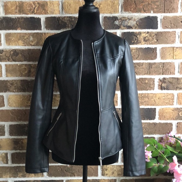 ZARA Faux Leather Moto Biker Collarless Jacket Black - Picture 7 of 9